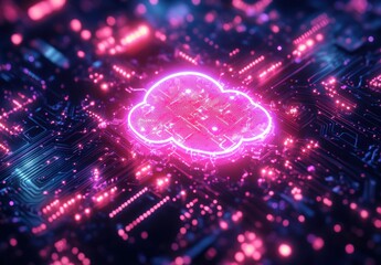 Poster - High-Tech Digital Cloud Computing Concept with Electronic Circuitry and Neon Lights Illustrating Data Storage and Network Connectivity in Modern Technology
