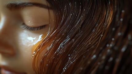 Wall Mural -  close-up of a woman's face with wet hair, emphasizing texture and serenity.