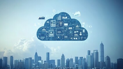 Poster - Modern Cityscape with Digital Cloud and Technology Icons Representing Data Storage and Connectivity in a Futuristic Urban Environment