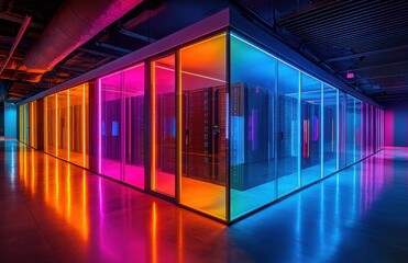Aufkleber - Modern Data Center Interior with Colorful Lighting and Glass Walls Showcasing High-Tech Servers and Advanced Technology Infrastructure for Digital Solutions