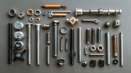 Poster - Various car parts and tools, including spark plugs, bolts, and wrenches, arranged neatly on a flat surface, offering space for additional content. Generative AI