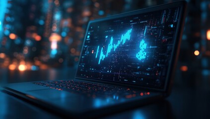 Poster - Modern Laptop Displaying Financial Data and Graphs in a Futuristic Setting with City Lights at Night