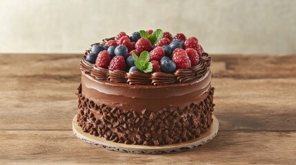 Wall Mural - Delicious Chocolate Cake with Fresh Berries and Mint Garnish