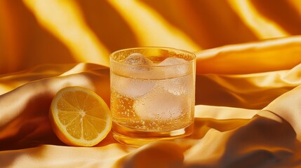 Poster - Refreshing Ice Water with Lemon on Elegant Yellow Background