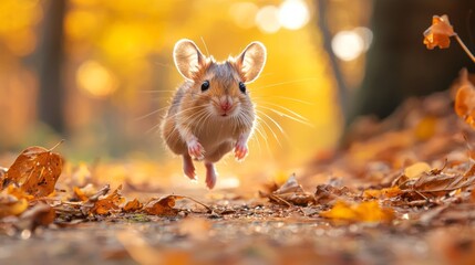 Poster - A small mouse bounds energetically along a forest path, surrounded by vibrant orange and yellow leaves illuminated by the warm glow of sunlight filtering through trees
