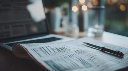 Poster - Business Desk with Laptop, Newspaper, Pen, and Blurred Background
