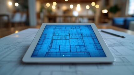  tablet displaying architectural blueprints on a desk with a blurred background of a modern workspace.