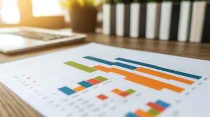 Leinwandbilder - Colorful Bar Graphs and Line Charts on Table with Laptop Equipment