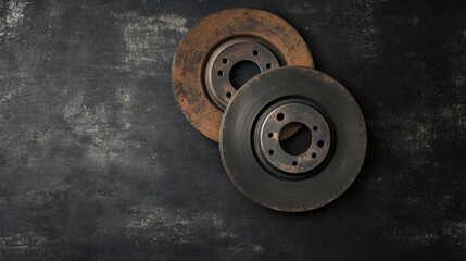 Fototapete - Two brake discs are placed on a textured dark surface, providing a clear area for text or further details about automotive components. Generative AI