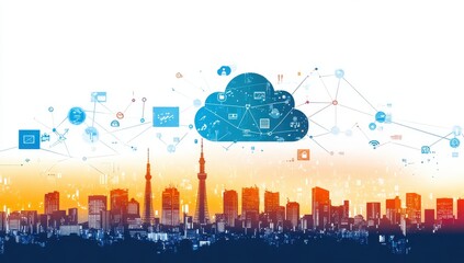 Poster - Urban skyline silhouette against a vibrant sunset with cloud computing symbols, data connections, and technology icons representing digital transformation concepts