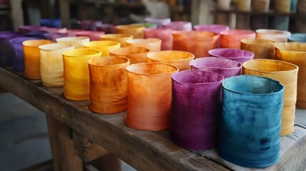 Wall Mural - A table with many colorful cups on it