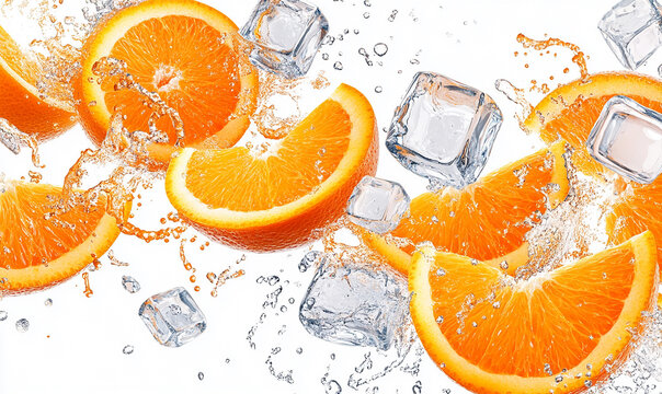 A logo made of oranges and ice cubes, orange slices floating in the air with splashes