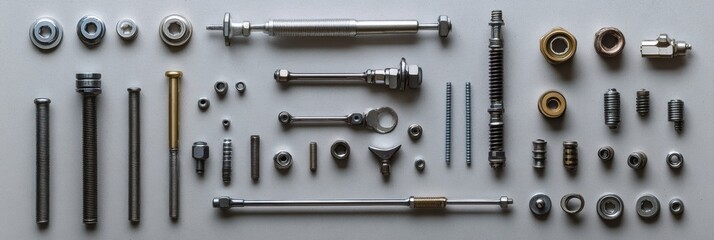 Poster - A collection of assorted car parts and tools including bolts, nuts, spark plugs, and wrenches laid out for automotive repair activities. Generative AI