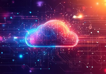 Poster - Vibrant Digital Cloud Symbol with Abstract Circuit Design Representing Modern Technology, Data Storage, and Connectivity in a Futuristic Environment