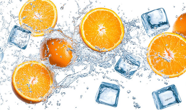 A logo made of oranges and ice cubes, orange slices floating in the air with splashes
