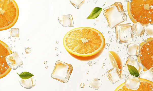 A logo made of oranges and ice cubes, orange slices floating in the air with splashes