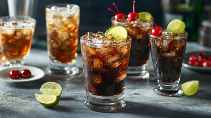 Poster - Refreshing Glasses of Cola with Ice, Lime, and Cherry Garnish