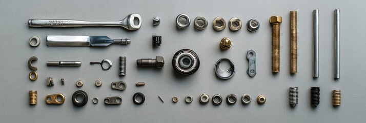 Poster - An assortment of car parts and tools is organized on a surface, featuring bolts, nuts, spark plugs, and wrenches, perfect for repair tasks. Generative AI