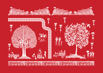 Wall Mural - The Soul of the Village: A Warli Expression. Warli art rural life, Warli village scene, Indian folk art rural, Warli countryside painting.