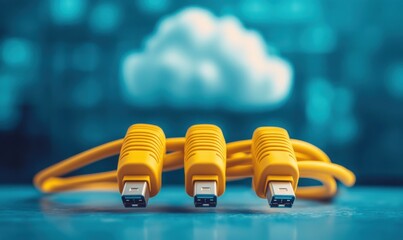 Aufkleber - Yellow USB Cables Connected to Cloud Technology Concept with Abstract Background Representing Digital Data Transfer and Connectivity in Modern Communication Systems