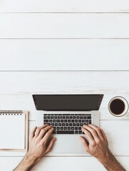 Poster - Minimalist Workspace with Laptop and Coffee on White Wooden Desk