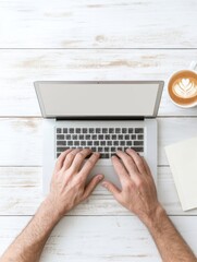Poster - Productive Morning Hands Typing on Laptop with Coffee and Notebook on Wooden Table