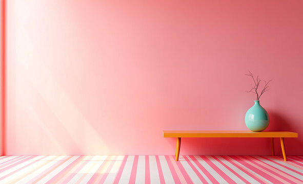 A minimalist room with a striped, pastel-colored floor, featuring an orange vase on the table and a pink wall in the background