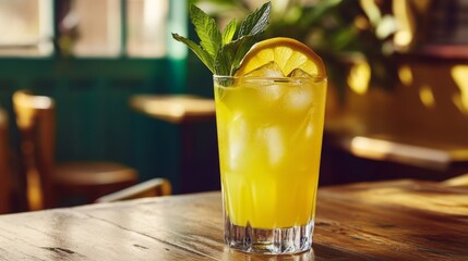 Aufkleber - Refreshing Ice-Cold Lemonade with Mint Garnish in Vibrant Setting