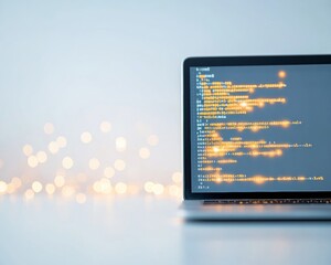 Fototapete - Focused Software Development on Laptop with Festive Bokeh Background
