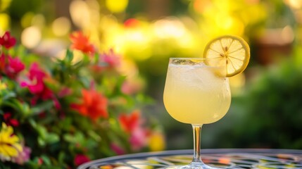 Poster - Refreshing Lemonade Cocktail with Bright Floral Background