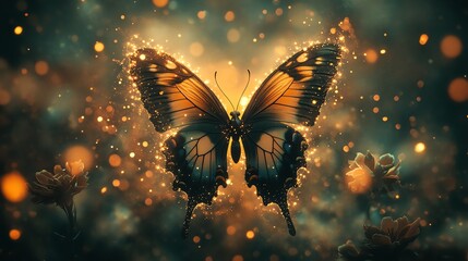 Aufkleber - A glowing butterfly surrounded by sparkling particles and flowers in a mystical setting.