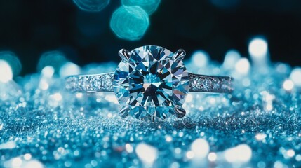 Aufkleber - Elegant Diamond Ring Sparkling on Shimmering Blue Background