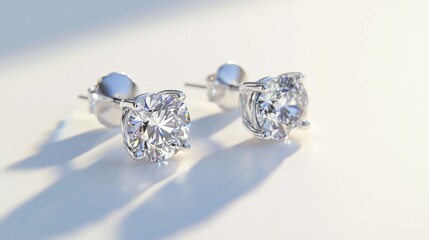 Poster - Elegant Diamond Stud Earrings with Silver Setting on White Background
