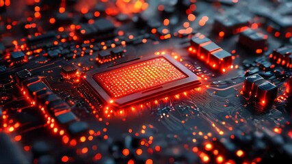 Poster - Macro view of a glowing microchip on a circuit board, emphasizing cutting-edge technology and innovation in a digital context