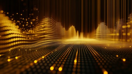 Poster - Abstract digital landscape in shimmering gold tones with waves