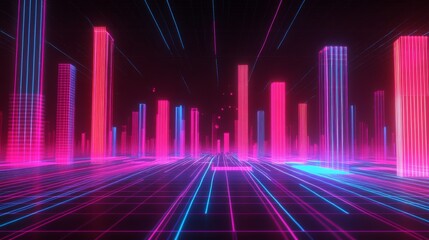 Poster - Futuristic Neon Cityscape with Vertical Beams and Grid Pattern