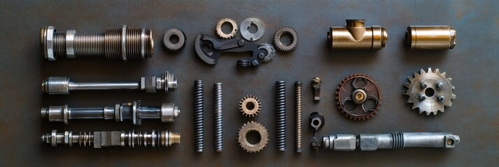 Poster - A close view of various car engine components laid out, showcasing parts like pistons, gears, and valves, offering clear copy space for text. Generative AI