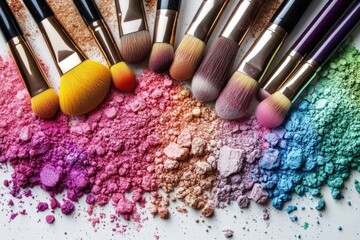Poster - Various makeup tools and brushes are artistically displayed alongside colorful pigments, creating a vibrant and inviting setup for beauty enthusiasts. Generative AI