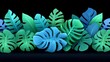 © DARIKA - Futuristic background featuring green and blue neon lights highlighting tropical leaves arranged in layered compositions on a deep black background