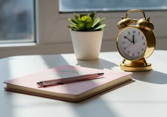 Poster - Golden alarm clock, pink notebook and pen on white table illuminating by sunlight from window create cozy atmosphere for working from home or office