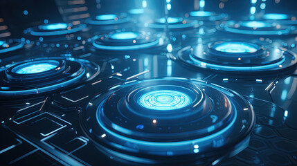 Poster - Technology abstract background with hud styled round interface elements in neon tech light.