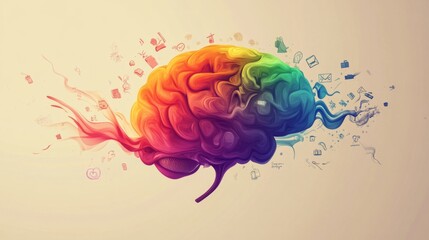 Aufkleber - Colorful Abstract Brain with Digital Icons and Vibrant Swirls