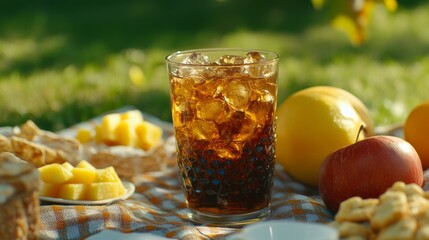 Poster - Refreshing Iced Beverage with Fruits and Snacks on a Picnic Blanket