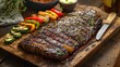 © JuLady_studio - Grilled flank steak and colorful vegetables on rustic wooden board