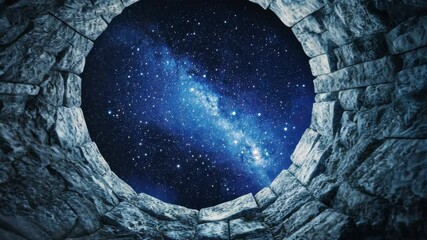Wall Mural - Milky way galaxy appearing through stone window opening