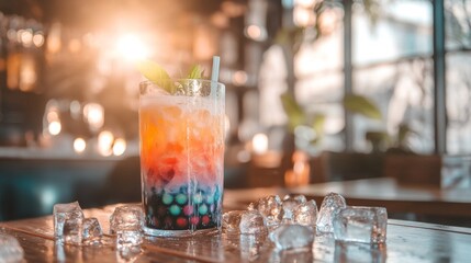 Poster - Colorful Layered Drink with Ice in Cozy Cafe Setting