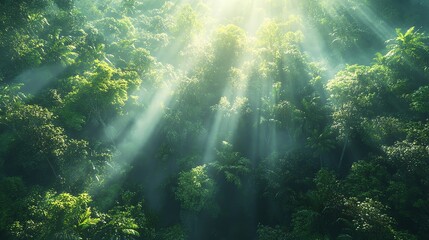Poster - Sunlight filters through dense rainforest foliage, creating a serene and vibrant atmosphere.