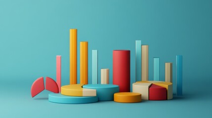 Poster - Vibrant 3D Graphs and Charts with Colorful Shapes on Blue Background