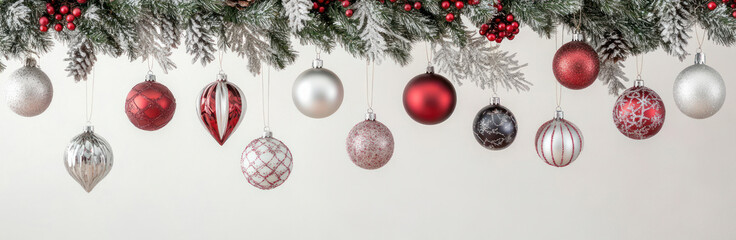 Wall Mural - christmas festive holiday decoration with a border of pine branches, red berries, and various christ