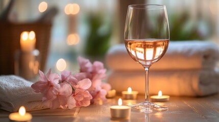 Aufkleber - A calming setup features a glass of rose wine next to soft towels and pink flowers, illuminated by the warm glow of candles. This relaxing scene creates a perfect atmosphere for aromatherapy.